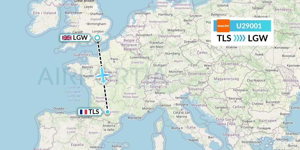 U29001 EasyJet Flight Map: Toulouse to London