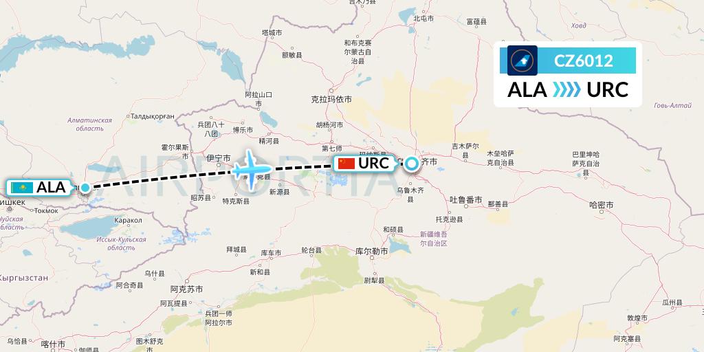 CZ6012 China Southern Airlines Flight Map: Almaty to Urumqi