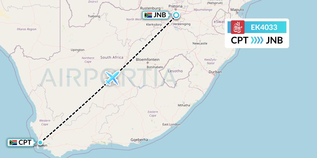 EK4033 Emirates Flight Map: Cape Town to Johannesburg