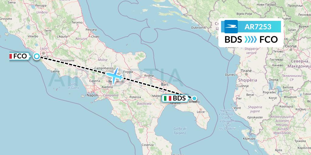 AR7253 Aerolineas Argentinas Flight Map: Brindisi to Rome