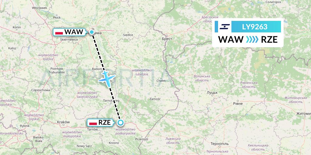 LY9263 El Al Flight Map: Warsaw to Rzeszow
