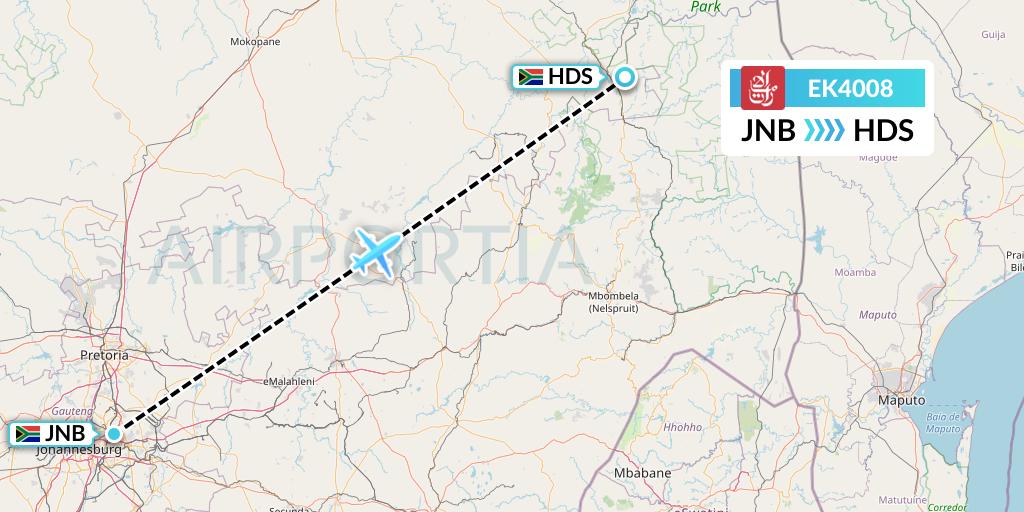 EK4008 Emirates Flight Map: Johannesburg to Hoedspruit