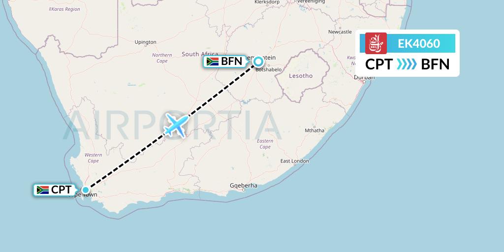 EK4060 Emirates Flight Map: Cape Town to Bloemfontein