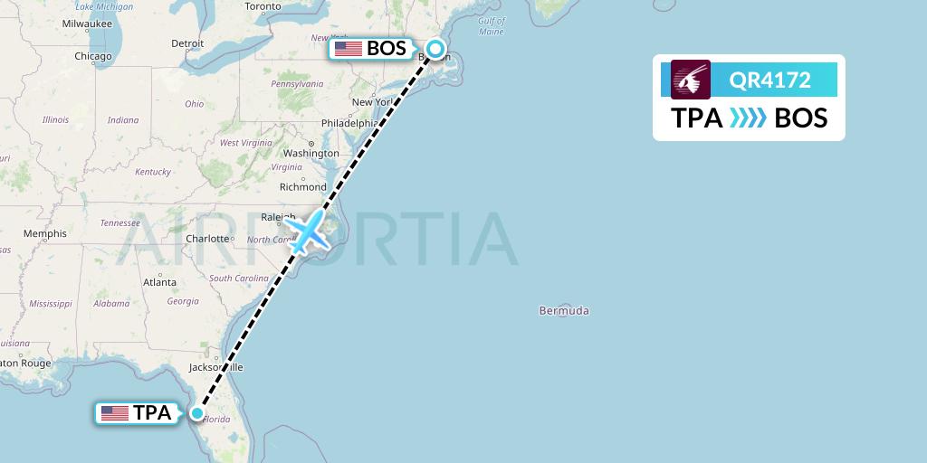 QR4172 Qatar Airways Flight Map: Tampa to Boston