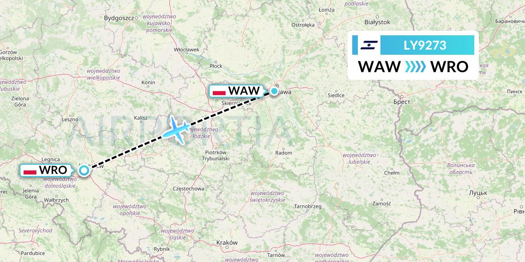 LY9273 El Al Flight Map: Warsaw to Wroclaw