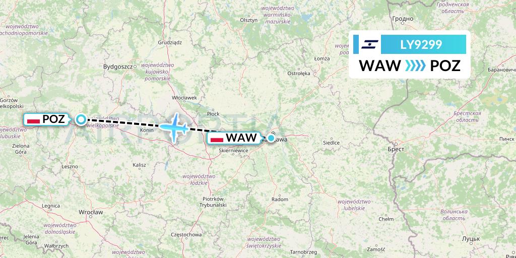 LY9299 El Al Flight Map: Warsaw to Poznan