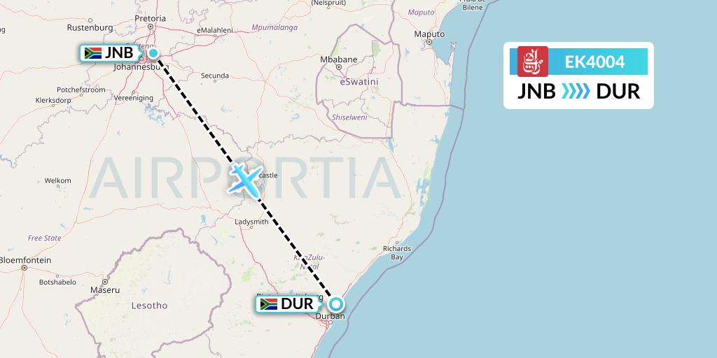 EK4004 Emirates Flight Map: Johannesburg to Durban