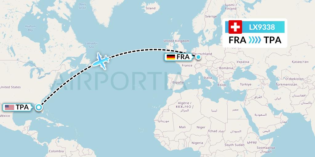 LX9338 Swiss Flight Map: Frankfurt to Tampa