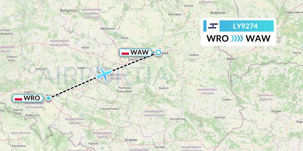 LY9274 El Al Flight Map: Wroclaw to Warsaw