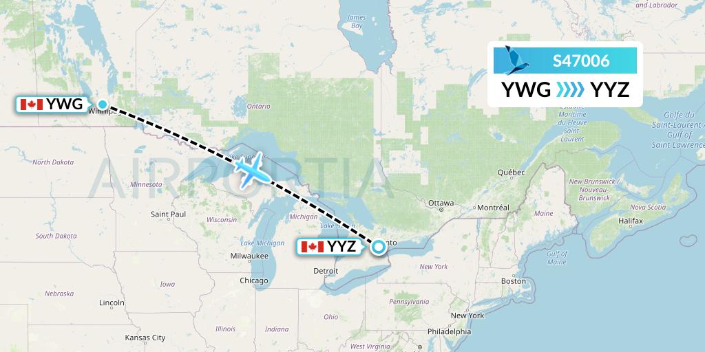 S47006 Azores Airlines Flight Map: Winnipeg to Toronto