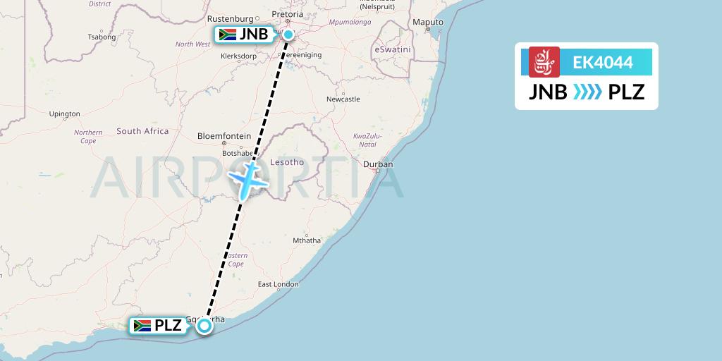EK4044 Emirates Flight Map: Johannesburg to Port Elizabeth