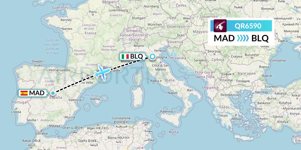 QR6590 Qatar Airways Flight Map: Madrid to Bologna