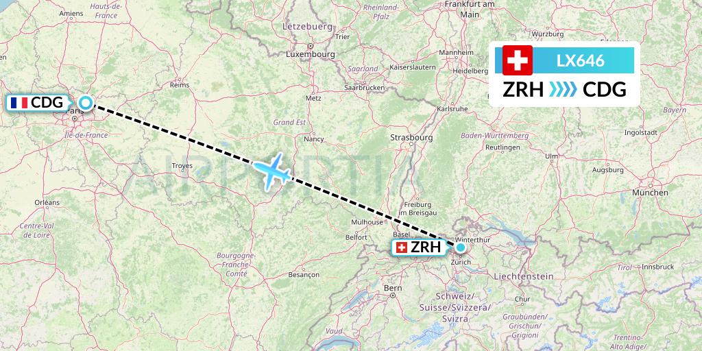 LX646 Swiss Flight Map: Zurich to Paris