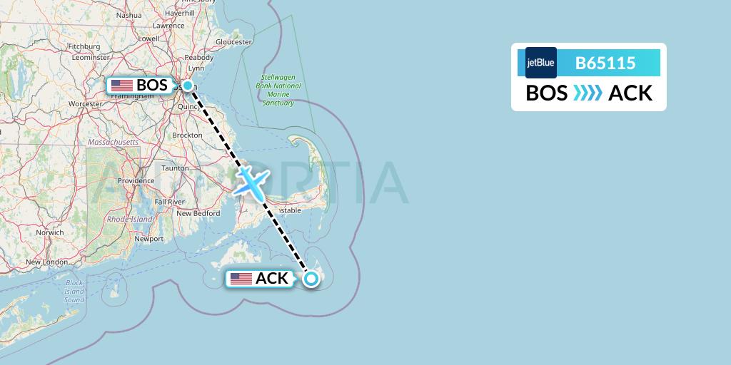 B65115 JetBlue Airways Flight Map: Boston to Nantucket