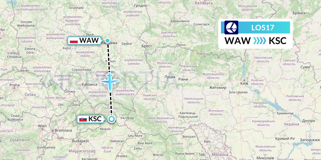 LO517 LOT Flight Map: Warsaw to Kosice