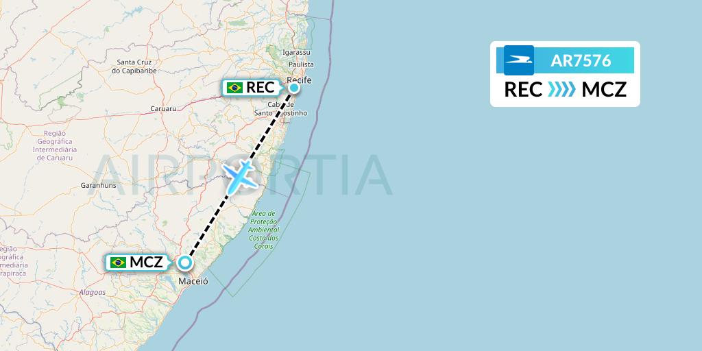 AR7576 Aerolineas Argentinas Flight Map: Recife to Maceio