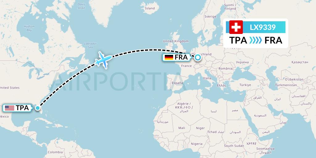 LX9339 Swiss Flight Map: Tampa to Frankfurt