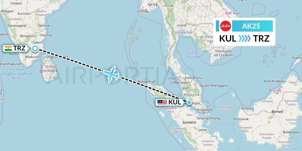 AK25 AirAsia Flight Map: Kuala Lumpur to Tiruchirapalli