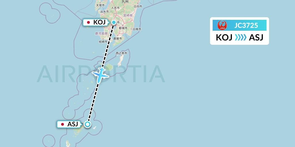 JC3725 Japan Air Commuter Flight Map: Kagoshima to Amami