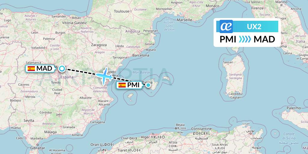 UX2 Air Europa Flight Map: Palma de Mallorca to Madrid