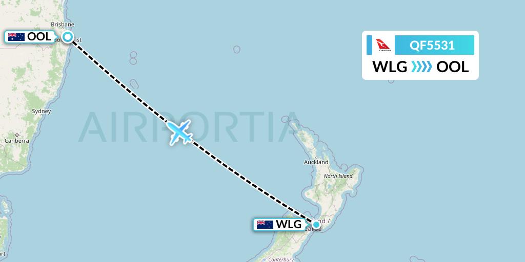 QF5531 Qantas Flight Map: Wellington to Gold Coast