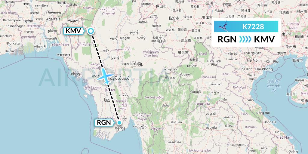 K7228 Air KBZ Flight Map: Yangon to Kalemyo