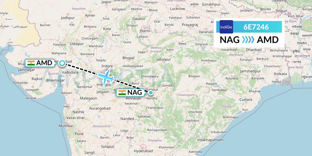6E7246 IndiGo Airlines Flight Map: Nagpur to Ahmedabad
