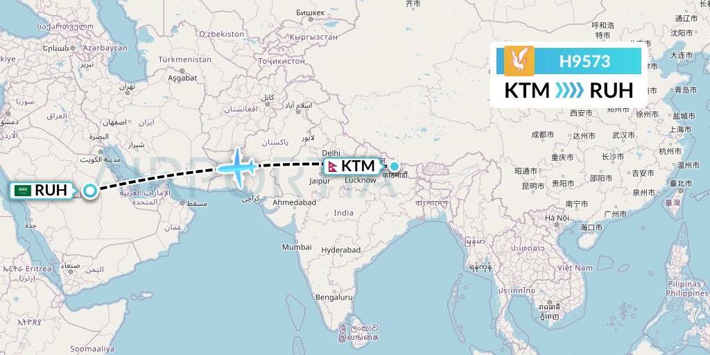 H9573 Himalaya Airlines Flight Map: Kathmandu to Riyadh
