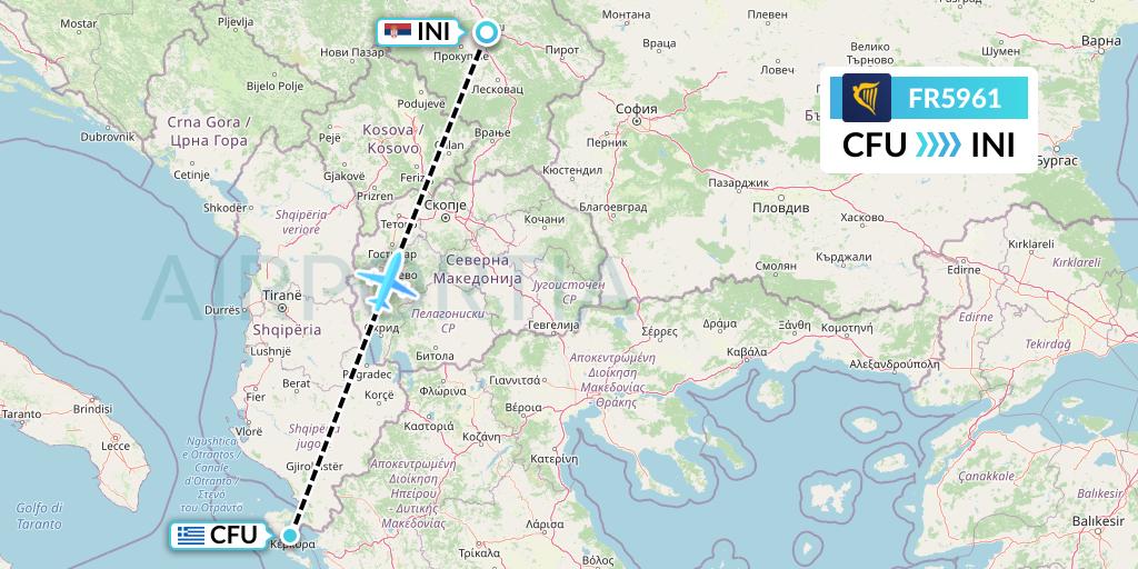FR5961 Ryanair Flight Map: Corfu to Nis