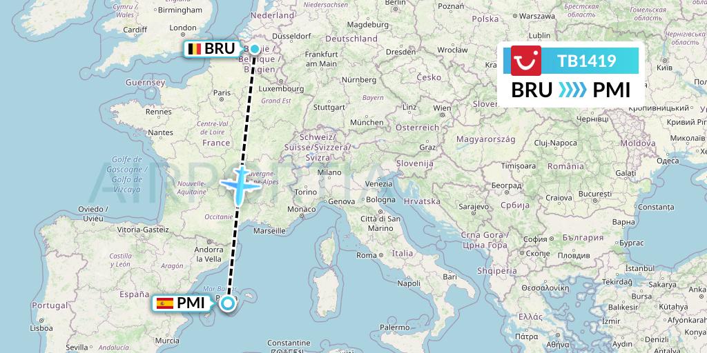 TB1419 TUI fly Belgium Flight Map: Brussels to Palma de Mallorca