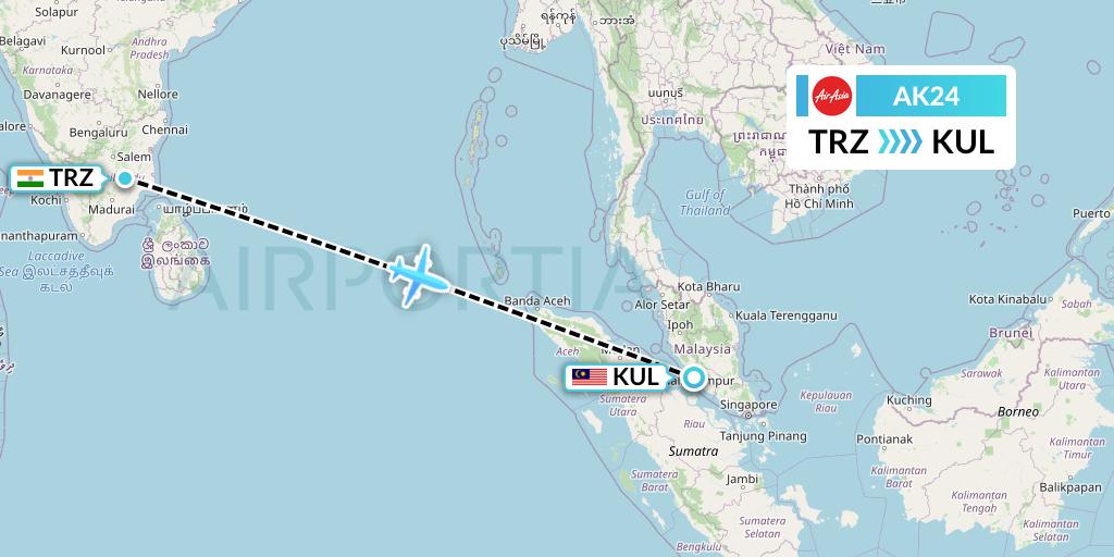 AK24 AirAsia Flight Map: Tiruchirapalli to Kuala Lumpur