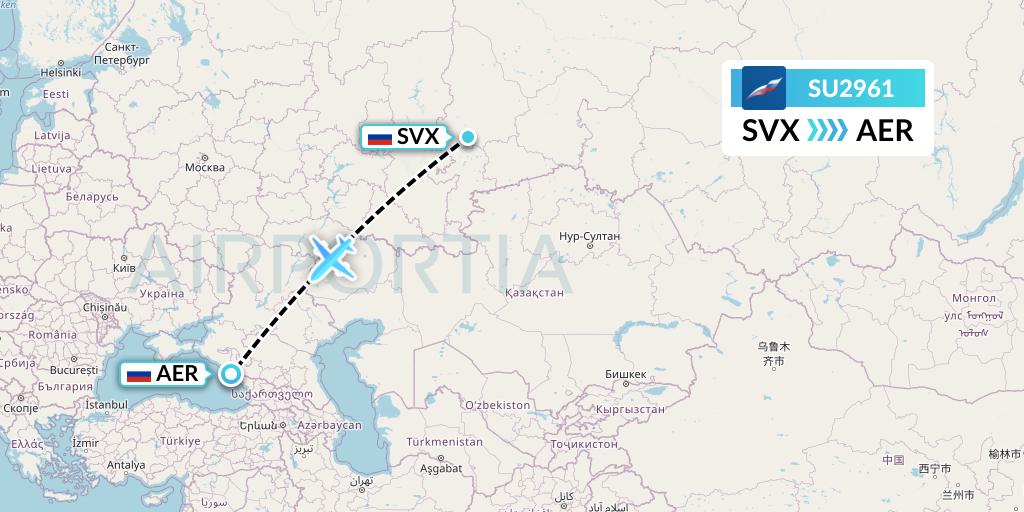 SU2961 Aeroflot Flight Map: Yekaterinburg to Sochi