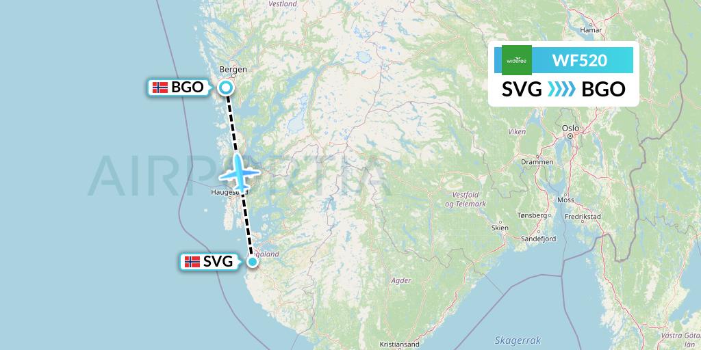 WF520 Wideroe Flight Map: Stavanger to Bergen