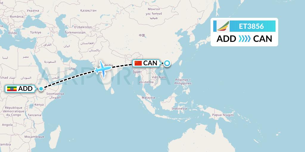 ET3856 Ethiopian Airlines Flight Map: Addis Ababa to Guangzhou