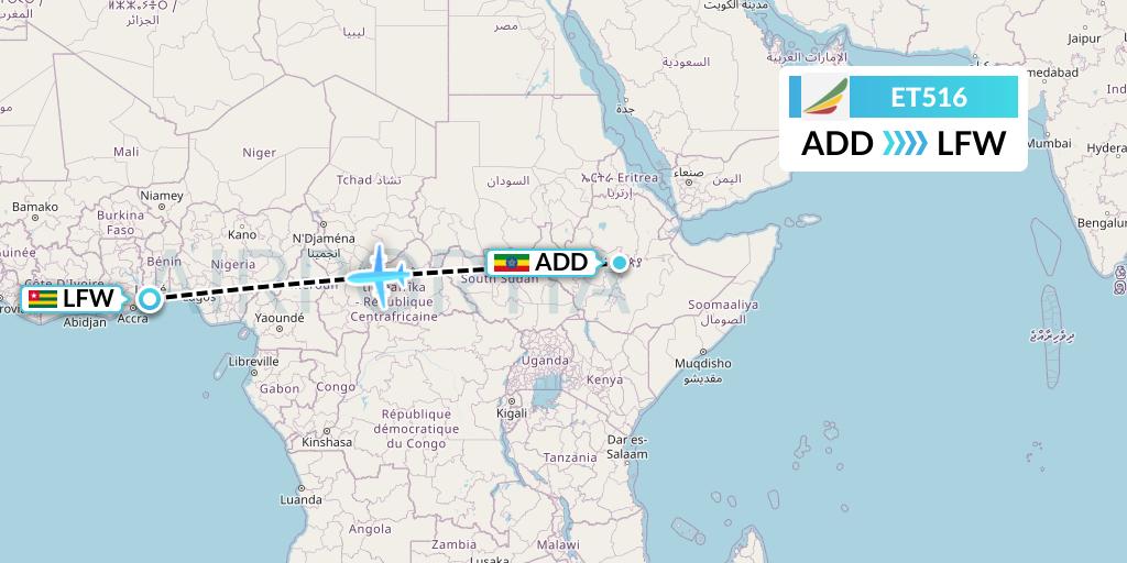 ET516 Ethiopian Airlines Flight Map: Addis Ababa to Lome