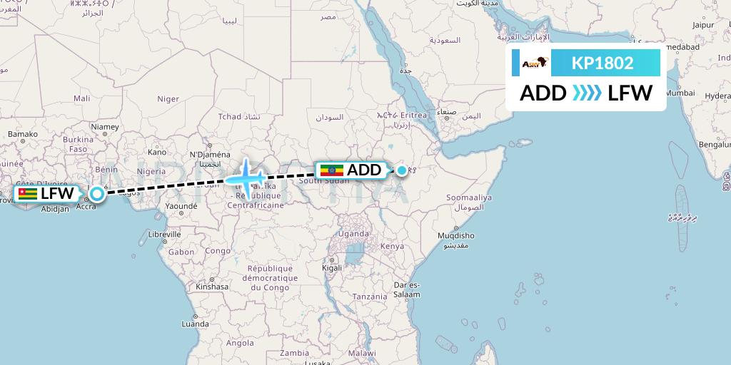 KP1802 ASKY Flight Map: Addis Ababa to Lome