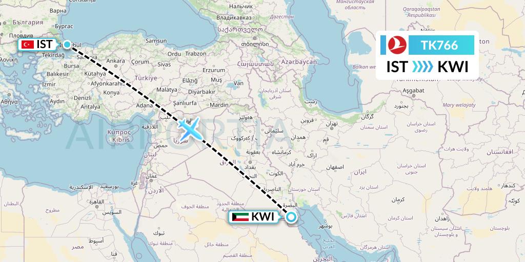 TK766 Turkish Airlines Flight Map: Istanbul to Kuwait City