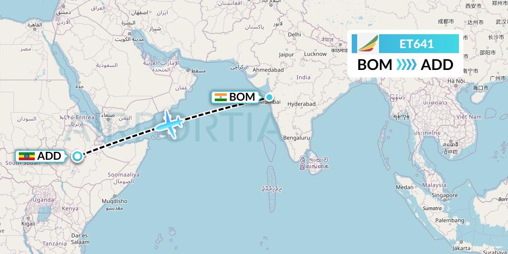 ET641 Ethiopian Airlines Flight Map: Mumbai to Addis Ababa