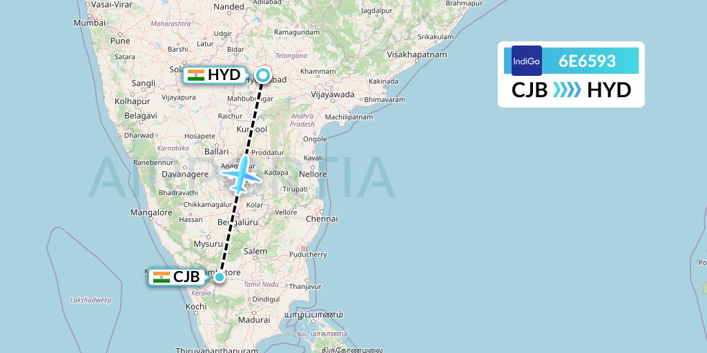 6E6593 IndiGo Airlines Flight Map: Coimbatore to Hyderabad