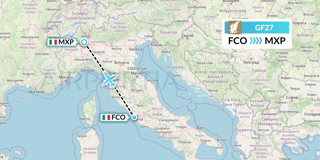 GF27 Gulf Air Flight Map: Rome to Milan