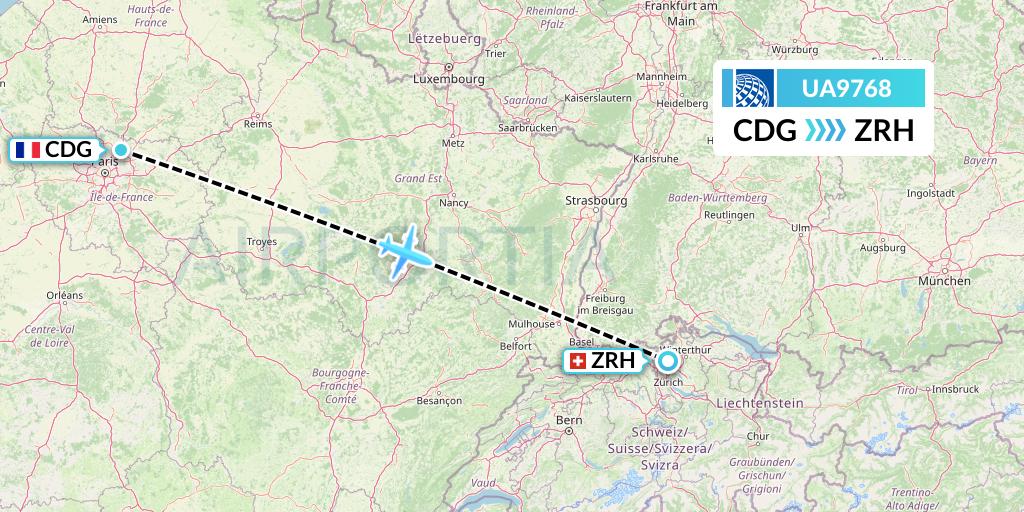 UA9768 United Airlines Flight Map: Paris to Zurich