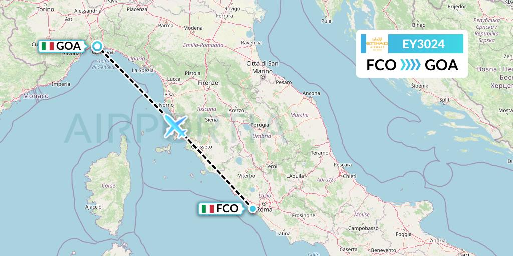 EY3024 Etihad Airways Flight Map: Rome to Genoa