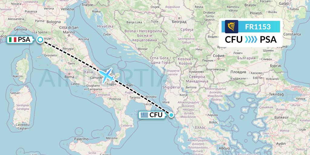 FR1153 Ryanair Flight Map: Corfu to Pisa