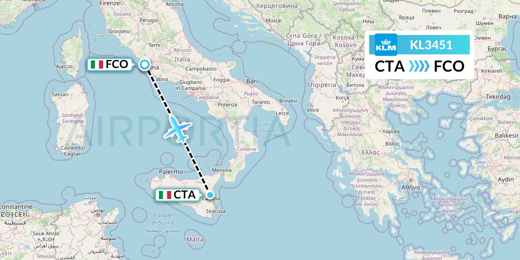 KL3451 KLM Flight Map: Catania to Rome