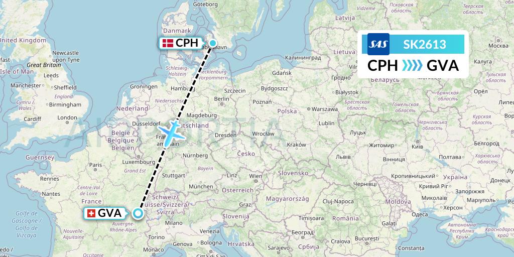 SK2613 SAS Flight Map: Copenhagen to Geneva