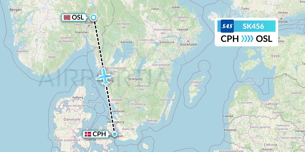 SK456 SAS Flight Map: Copenhagen to Oslo