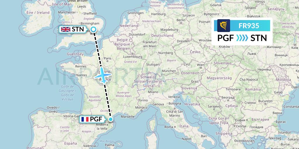 FR935 Ryanair Flight Map: Perpignan to London