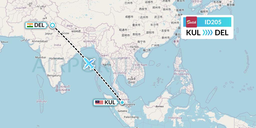 ID205 Batik Air Flight Map: Kuala Lumpur to Delhi