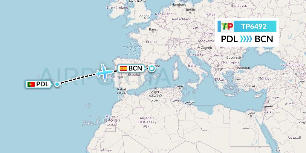 TP6492 TAP Portugal Flight Map: Ponta Delgada to Barcelona