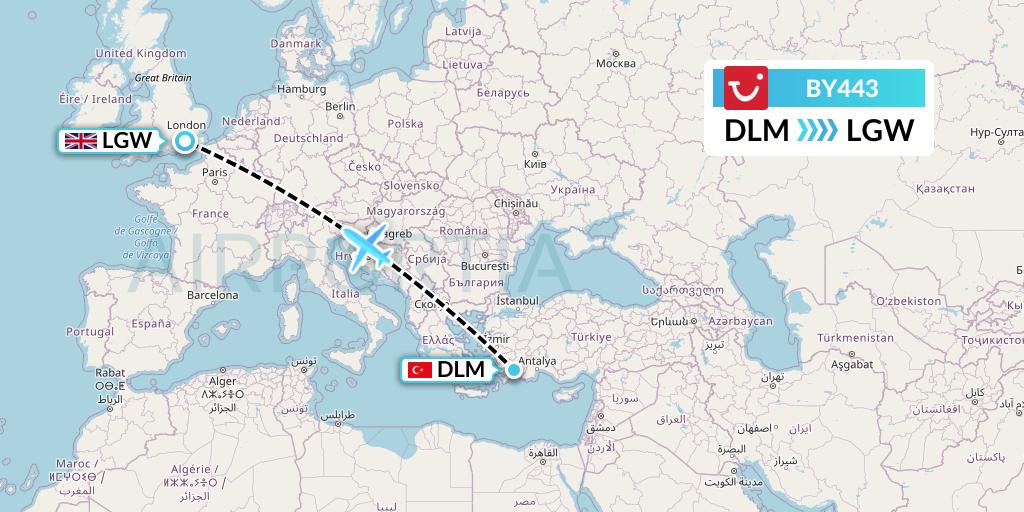BY443 TUI Airways Flight Map: Dalaman to London